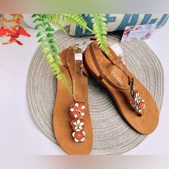 VIONIC Sandals “Paulie” Tan Floral T-Strap Orange/White Podiatrist Designed - Picture 5 of 12